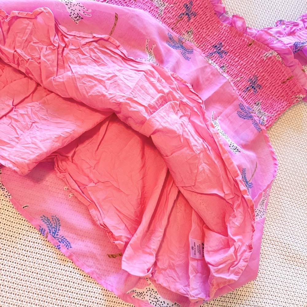 J. MARIE Remi Ruched Smocked Pink & Purple Leopard Palm Tree Ruffle Top Blouse - Picture 10 of 15